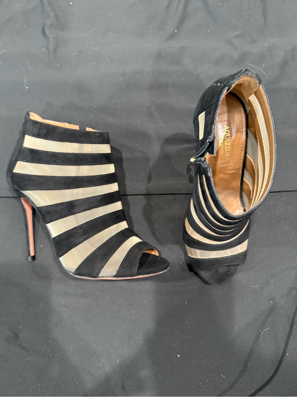 Aquazzura Mesh & Black Suede Peep Toe Booties US 6 / EU 36 Made in Italy